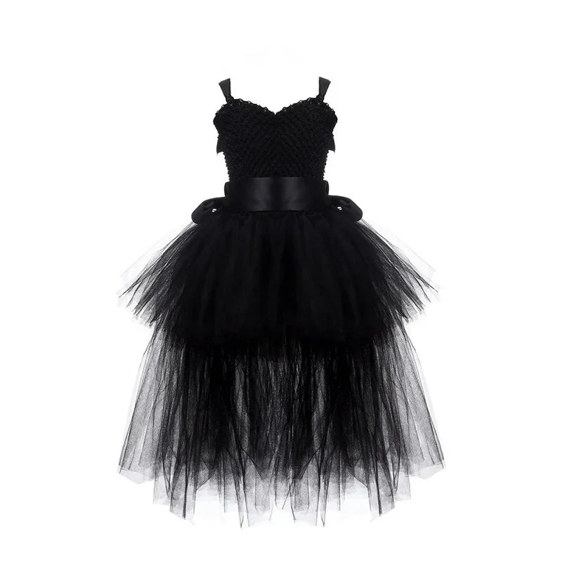 Girls Pink Black Tutu Dress V-Neck Train Girl Evening Birthday Party Tulle Dresses Girl Ball Gown Kids Halloween Costumes