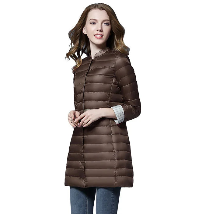 Femme printemps rembourré manteau chaud Ultra léger canard doudoune longue femme pardessus mince solide vestes hiver manteau Portable Parkas