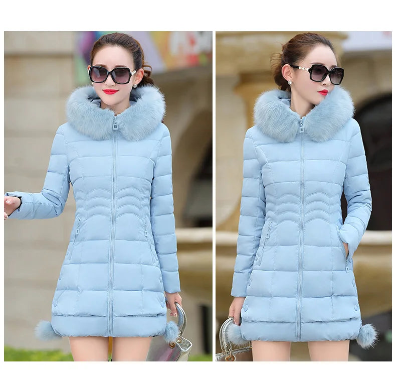 Veste d'hiver femmes 2023 manteau d'hiver couleur pure décontracté col de fourrure à capuche longue à capuche coton dame veste