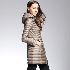Femme printemps rembourré à capuche longue veste blanc canard vers le bas femme pardessus Ultra léger mince solide vestes manteau Portable Parkas