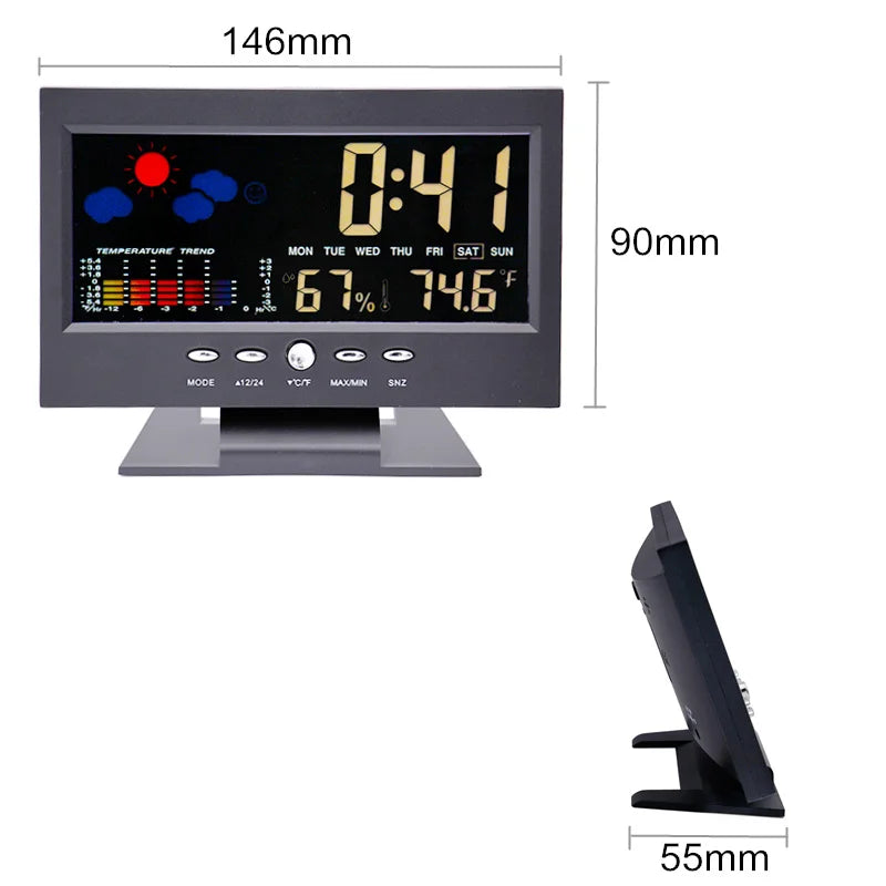 Thermomètre numérique LCD coloré pour horloge, alarme, calendrier, Station météo, fonction de commande vocale, hygromètre avec Base