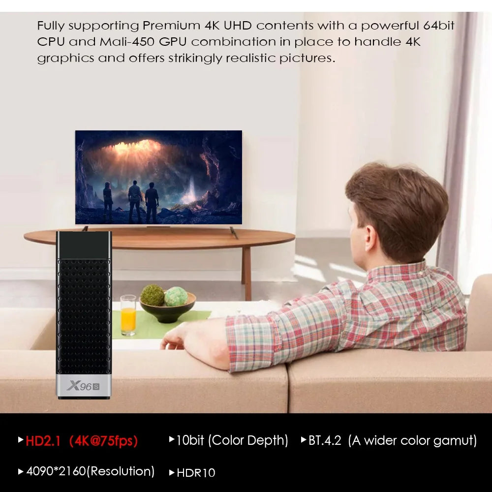 Clé TV X96S 4K, Android 9.0, Amlogic S905Y2 Quad Core, 4 go/32 go, Wifi 2.4/5GHz, bt 4.2, 1080P, H.265, Miracast, Dongle TV