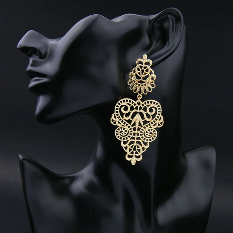 Boucles d'oreilles exagérées de marque européenne, style bohème, feuilles creuses, fleur, grands pendentifs, goutte d'oreille, bijoux pour femmes, cadeau