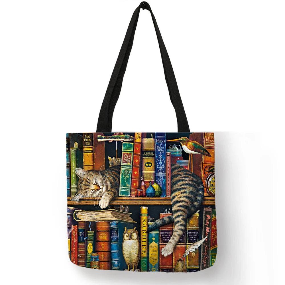 Sac à main en lin réutilisable pour femme, fourre-tout à bandoulière avec imprimé chat, 2019