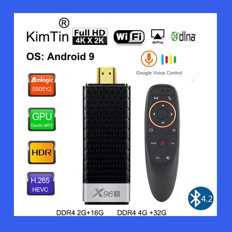 Clé TV X96S 4K, Android 9.0, Amlogic S905Y2 Quad Core, 4 go/32 go, Wifi 2.4/5GHz, bt 4.2, 1080P, H.265, Miracast, Dongle TV