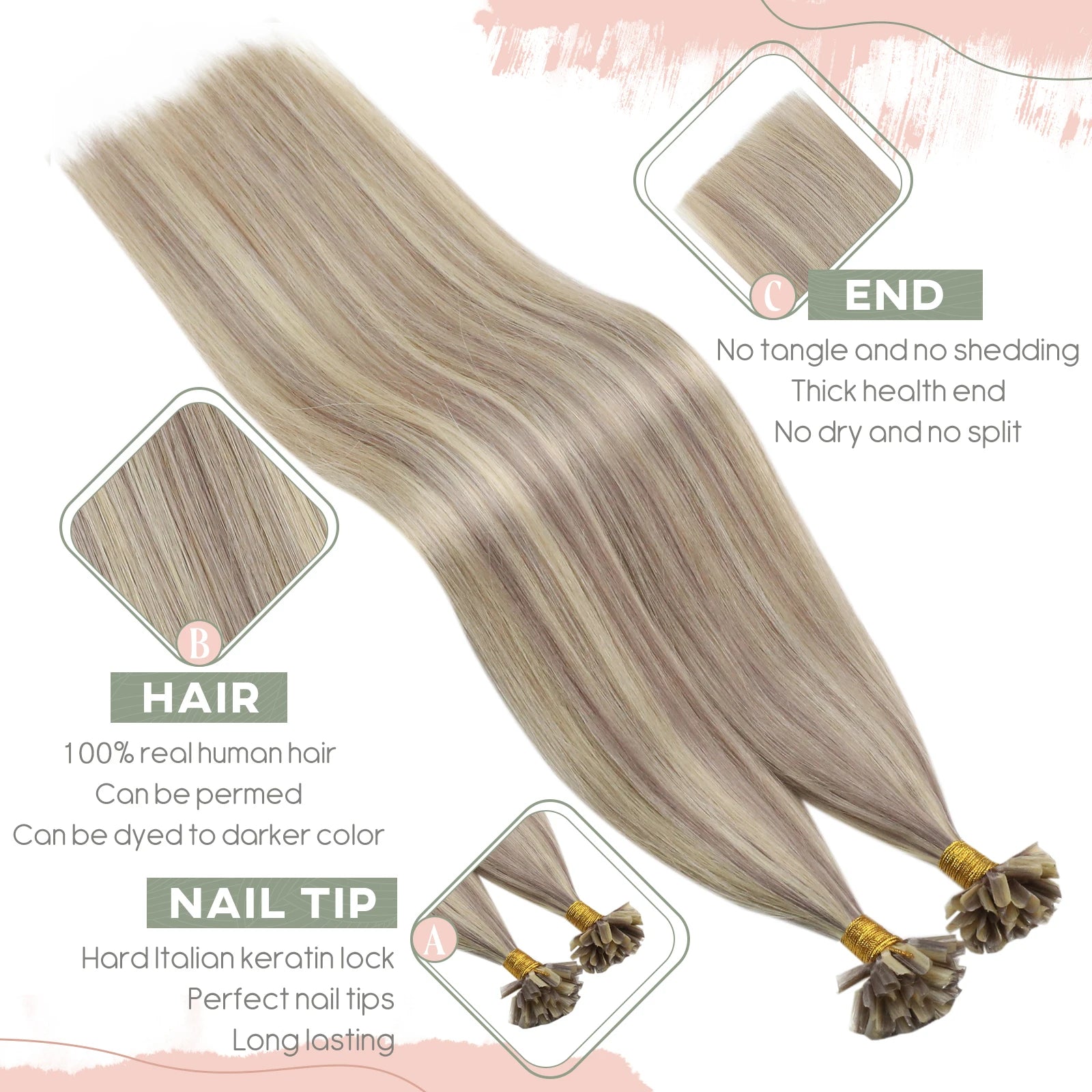 Ugeat U-Tip Human Hair Extensions 1g/s U-Tip Hair for Women 14-24" Pre-Glued Hair Extensions 50g/100g Keratin Tip Hair