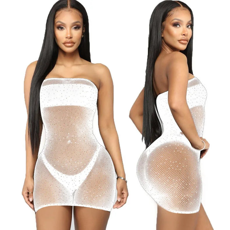 Fantaisie sexy plus Net Halterneck Mini robe dentelle lingerie tenue sans entrejambe érotique nuit sous-vêtements pour femmes maille serré appel