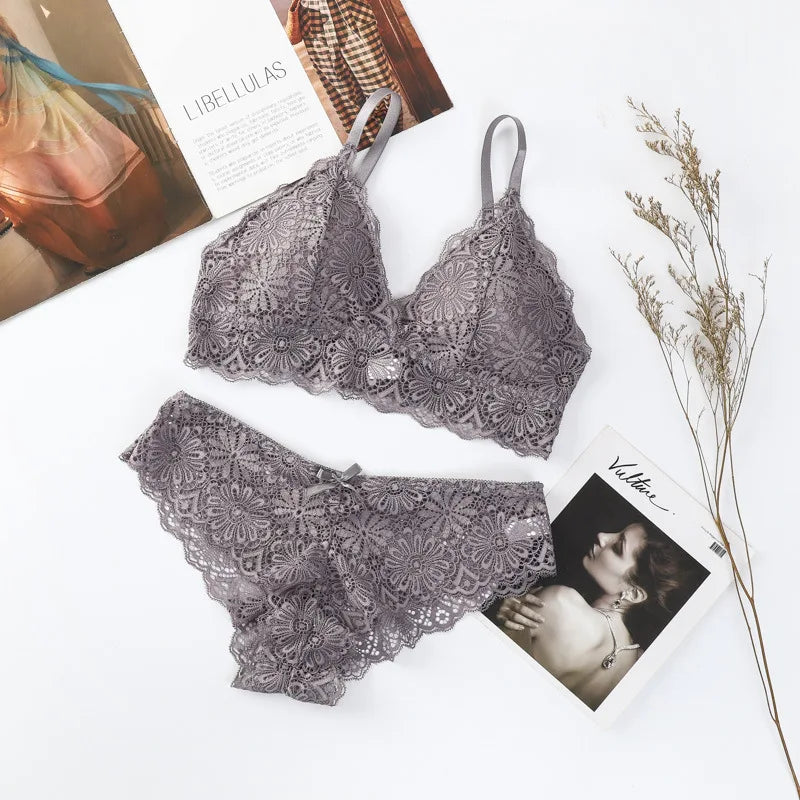 Femmes dentelle florale soutien-gorge culotte ensemble push-up Bralette taille basse slips Sexy ensemble de Lingerie sans fil brassière femme sous-vêtements en dentelle