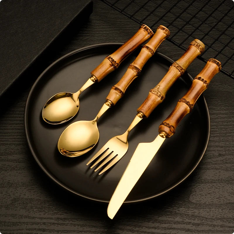 Couverts en bambou et acier inoxydable, service de table, en bois doré, pour la cuisine occidentale, couteau, fourchette, cuillère à café