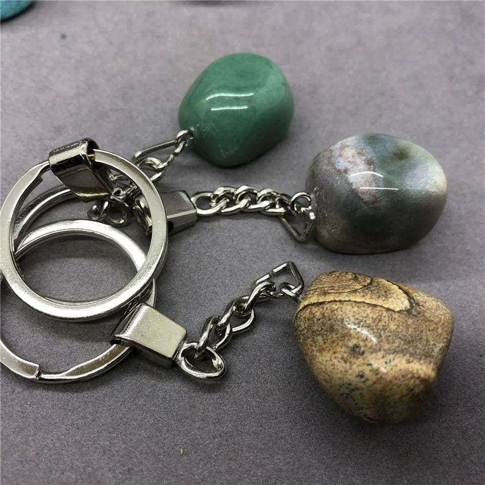17 Types de pierre naturelle avec accessoires pendentif porte-clés en acier inoxydable