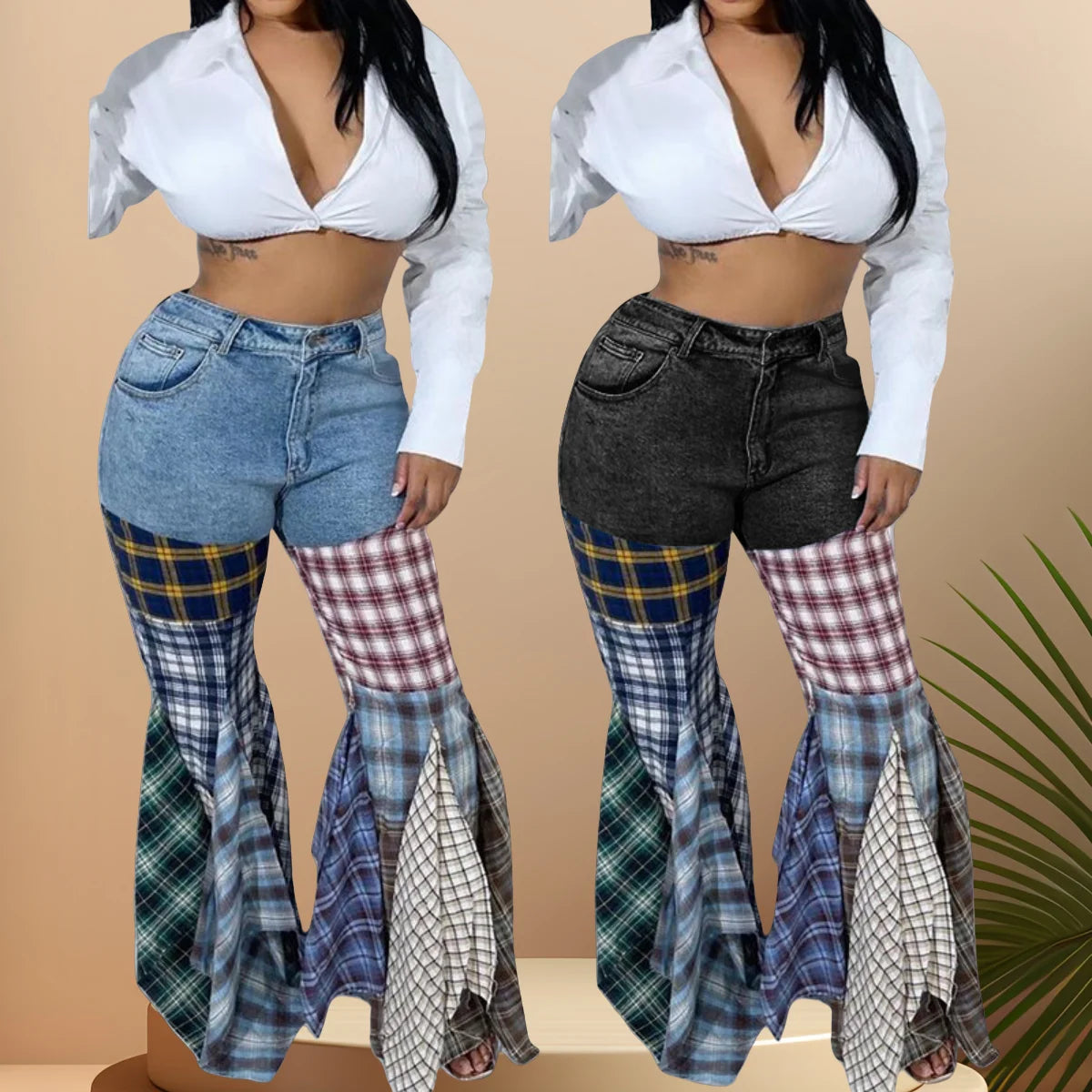 LD83176 Women's Pants &amp; Trousers Plaid Jeans Denim Pants Ladies Jeans Flare Ripped Women Jeans Trousers With Ruffles