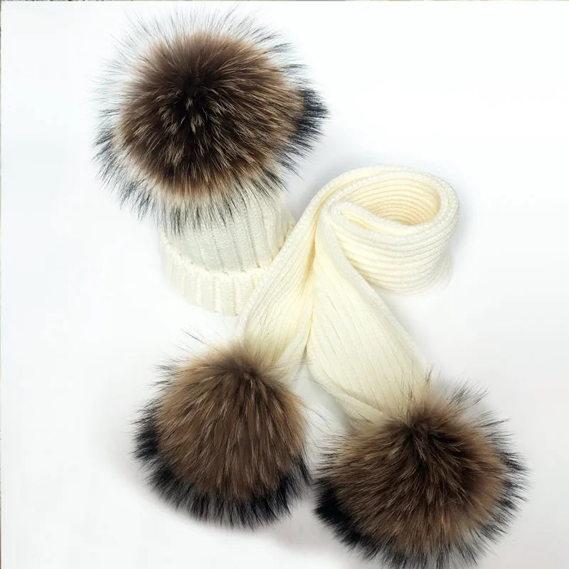 Parent-enfant chapeaux d'hiver mignon bébé fourrure Pompon chapeau écharpe ensembles réel naturel fourrure boule casquettes mère enfants chaud tricoté chapeaux hiver Bea