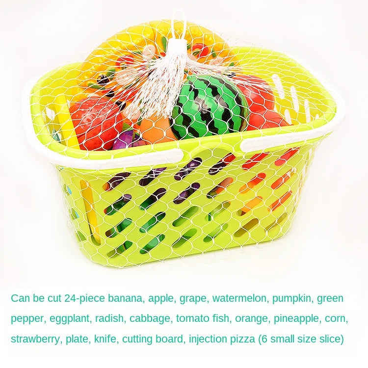 Jouets alimentaires de cuisine avec panier de rangement, jouets pour tout-petits, jeu de découpe, semblant de fruits et accessoires, shopping
