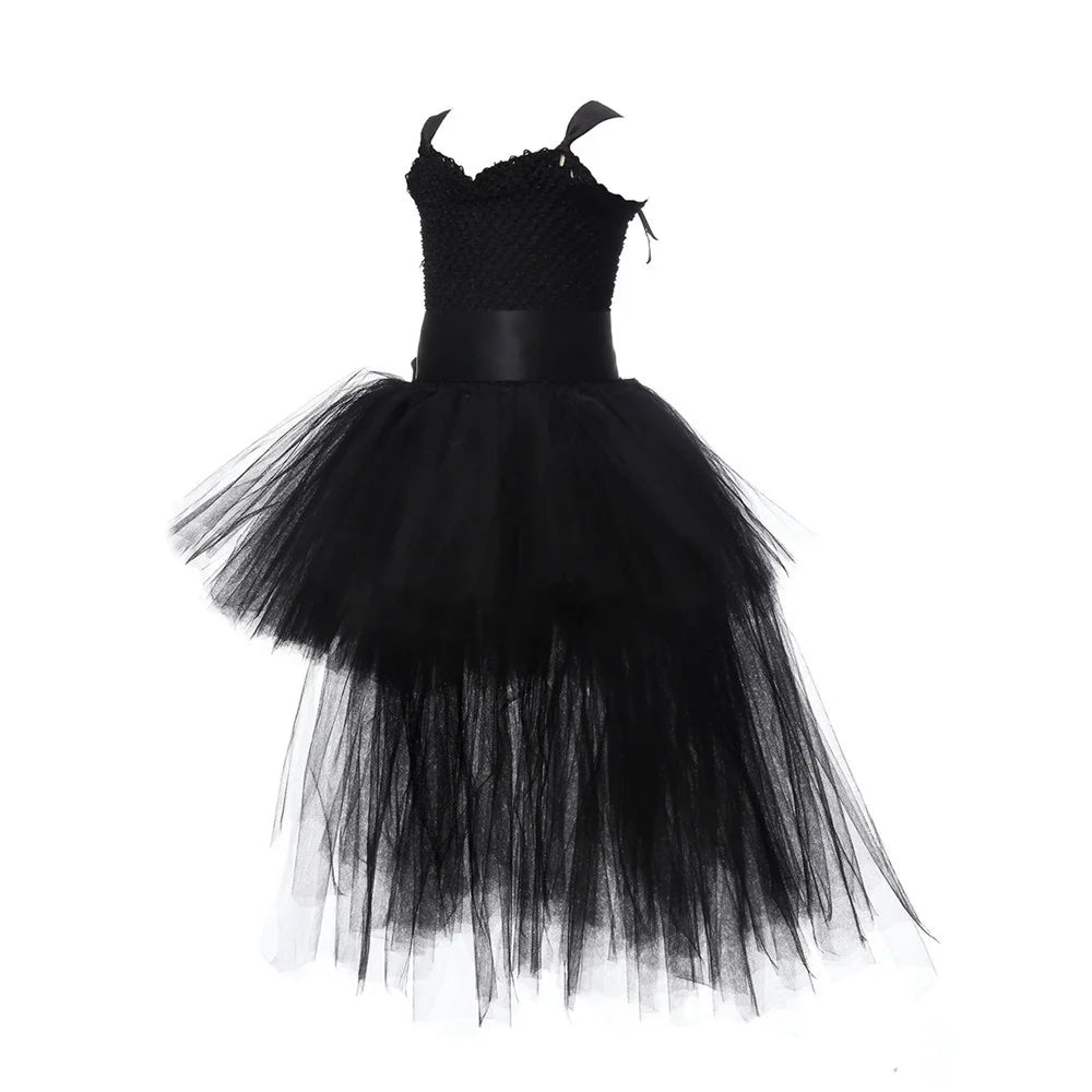 Girls Pink Black Tutu Dress V-Neck Train Girl Evening Birthday Party Tulle Dresses Girl Ball Gown Kids Halloween Costumes