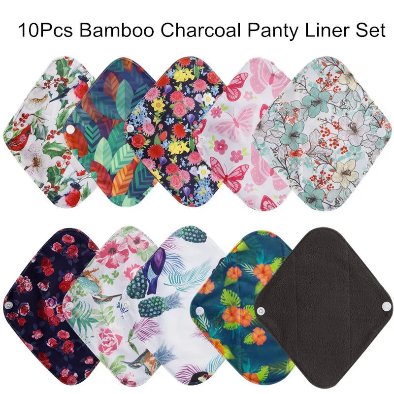 Serviettes hygiéniques réutilisables au charbon de bambou, 10 pièces, doublure de culotte lavable, serviettes menstruelles en coton pour maman et maternité