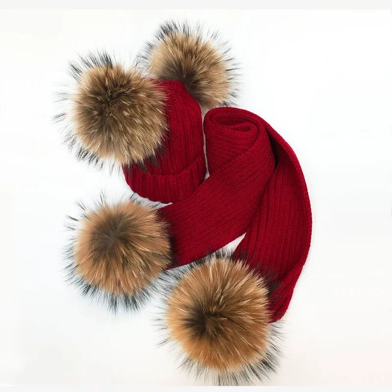 Parent-enfant chapeaux d'hiver mignon bébé fourrure Pompon chapeau écharpe ensembles réel naturel fourrure boule casquettes mère enfants chaud tricoté chapeaux hiver Bea
