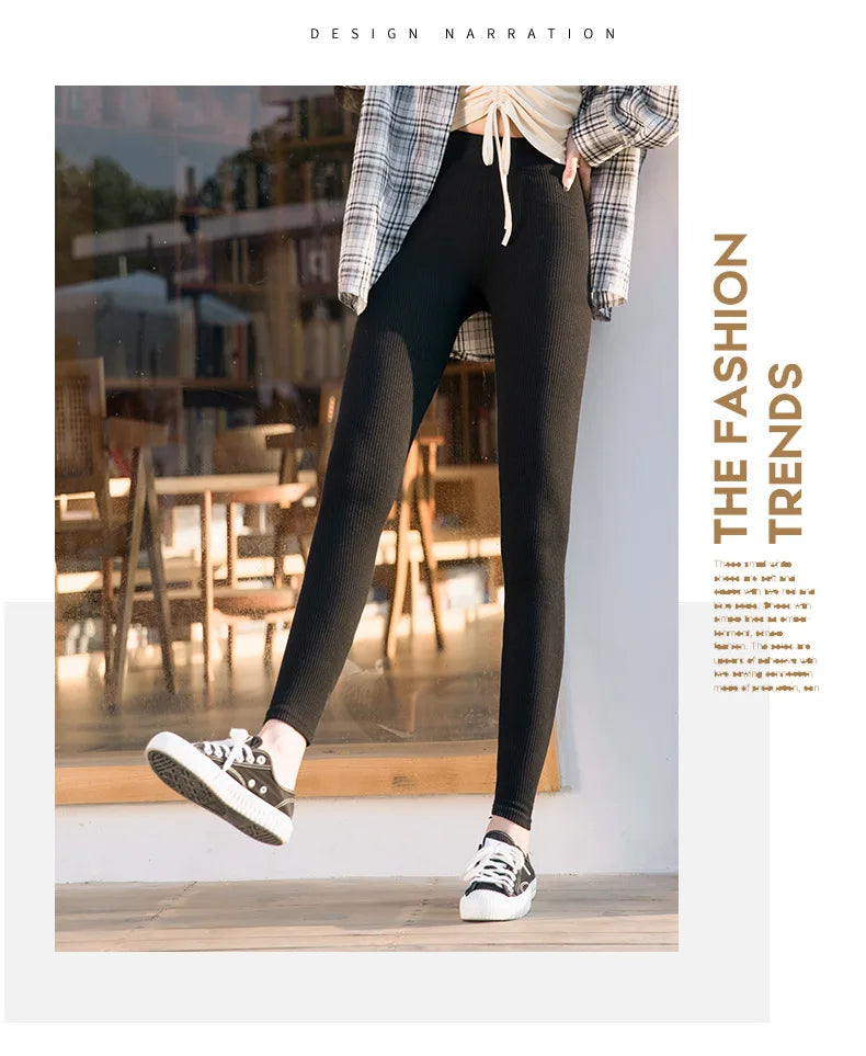 Women's Ribbed Leggings 2025 High Waist Autumn Winter Warm Cotton Leggings Casual Fashion Mesh 2XL Black Pants Sexy Leggings