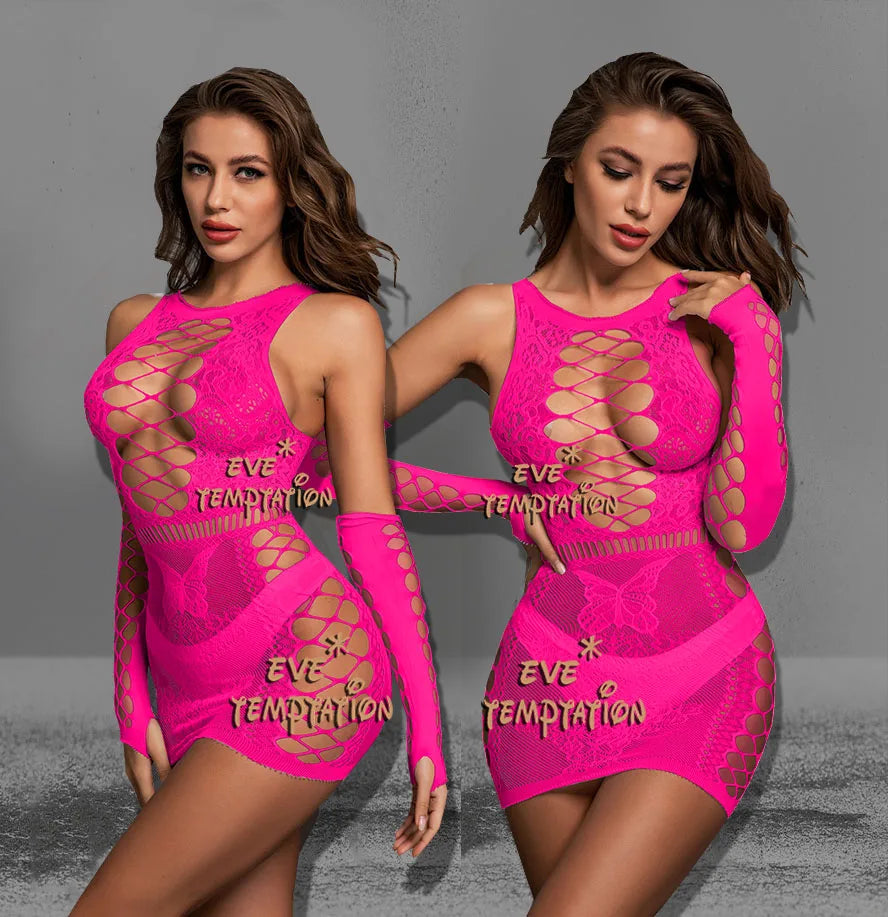 Vêtements de nuit sexy Babydoll body lingerie sexy chaude érotique tentation sans bretelles body à manches longues Catsuit robe + gants