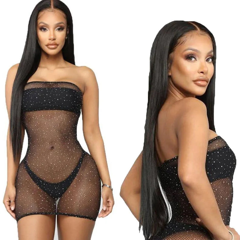 Fantaisie sexy plus Net Halterneck Mini robe dentelle lingerie tenue sans entrejambe érotique nuit sous-vêtements pour femmes maille serré appel