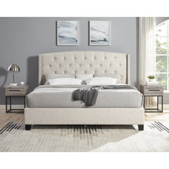 Astral 3-Piece Upholstered Bedroom Set Tufted Wingback Bed With Two Gray Nightstands