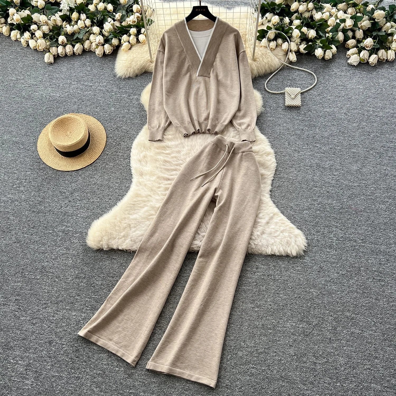 Fashionable Casual Two-piece Knitted Top for Women in Autumn Two-piece Set High Waist Casual Pants