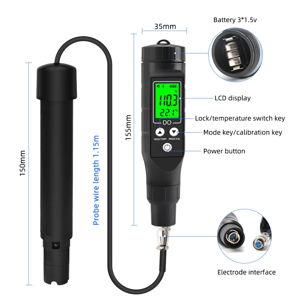 Yieryi Compteur d'oxygène dissous professionnel BLE-9100 analyseur d'oxygène dissous intelligent testeur de concentration d'oxygène