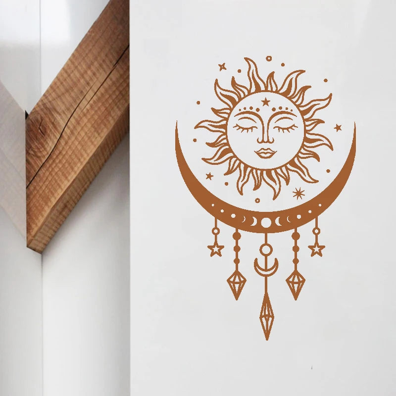 Celestial sun and moon wall stickers, bedroom wall decor, Boho, mystical magic moon, vinyl art sticker, car window decor