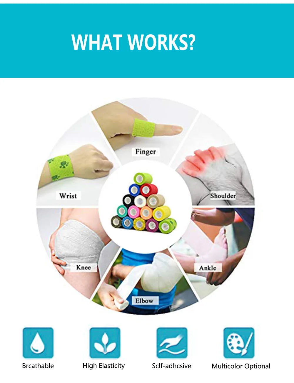 Bandage médical en gaze, 1 rouleau de 2.5/5/10cm x 4.5m, bandes élastiques respirantes auto-adhésives pour le sport, fixation des doigts, des poignets et des jambes