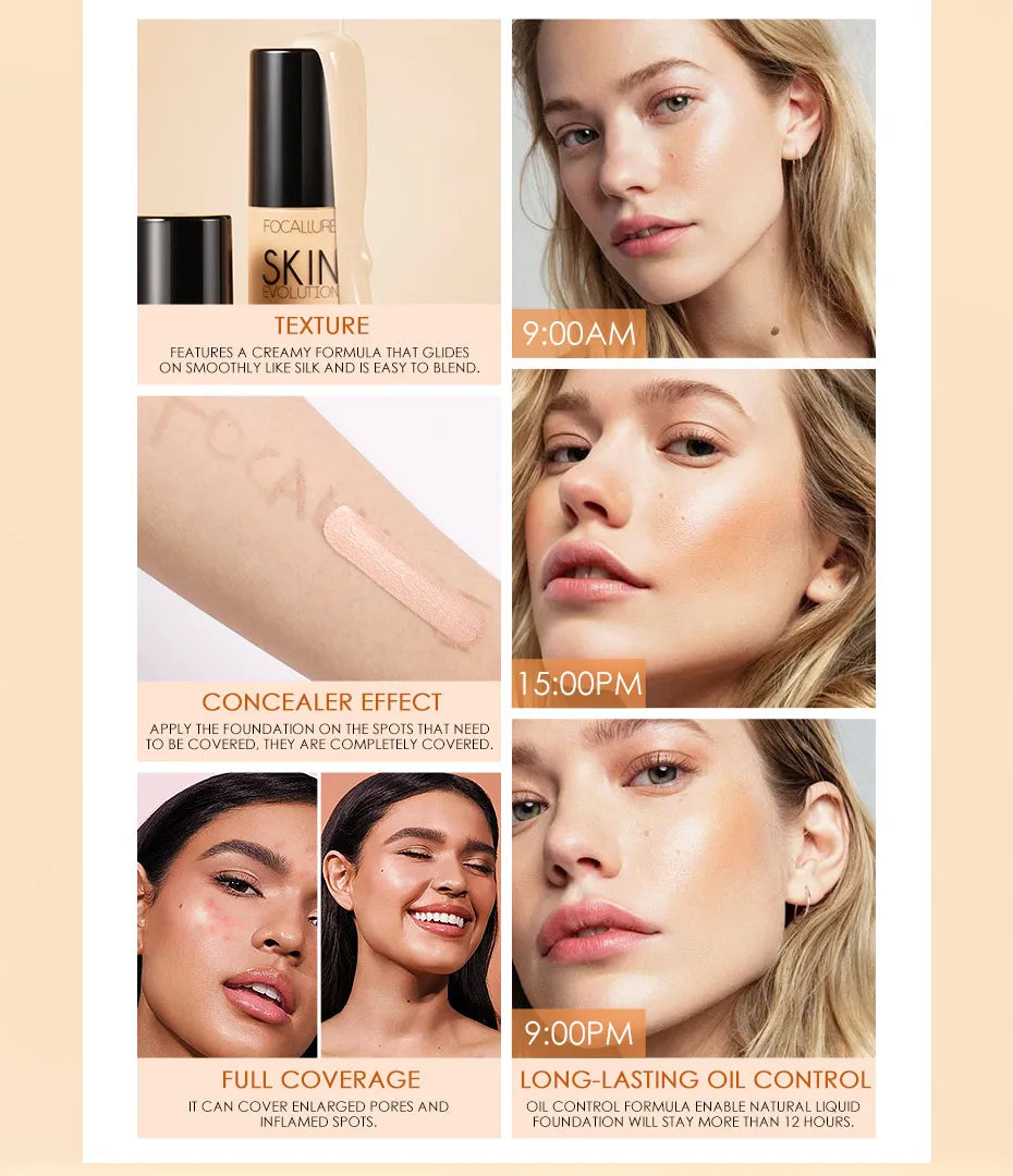 Focallure Base visage liquide fond de teint crème couverture complète correcteur contrôle de l'huile fond de teint hydratant crème maquillage pour les femmes