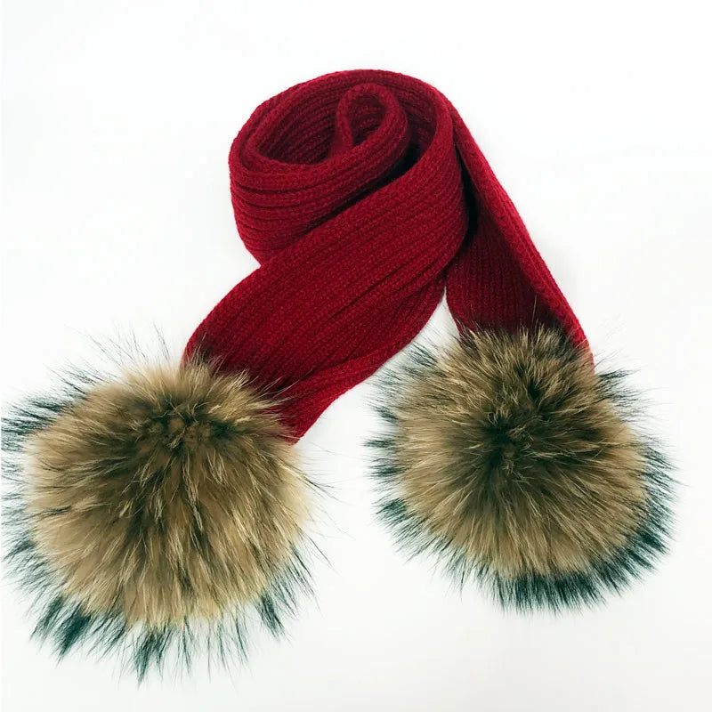 Parent-enfant chapeaux d'hiver mignon bébé fourrure Pompon chapeau écharpe ensembles réel naturel fourrure boule casquettes mère enfants chaud tricoté chapeaux hiver Bea