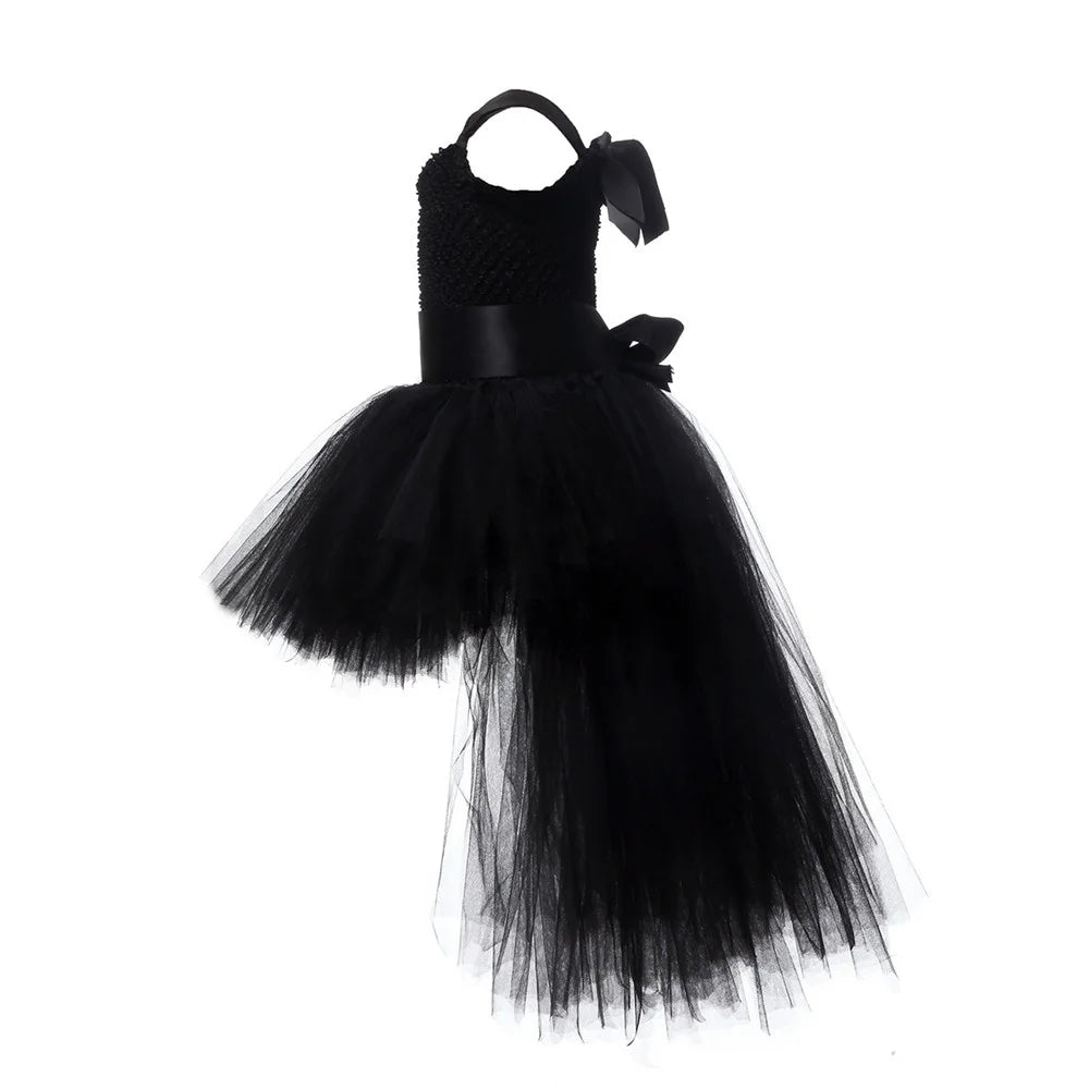 Girls Pink Black Tutu Dress V-Neck Train Girl Evening Birthday Party Tulle Dresses Girl Ball Gown Kids Halloween Costumes