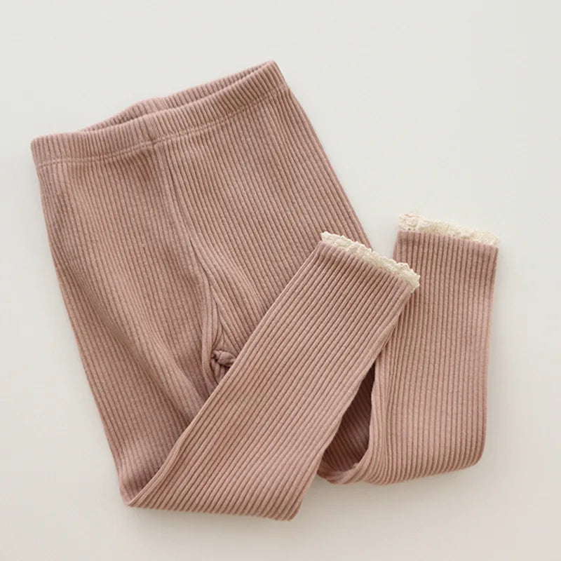 Leggings pour nouveau-né fille, vêtements pour nourrissons, en coton côtelé, solides, en dentelle, bouche de pied, pantalons slim, vêtements pour bébé