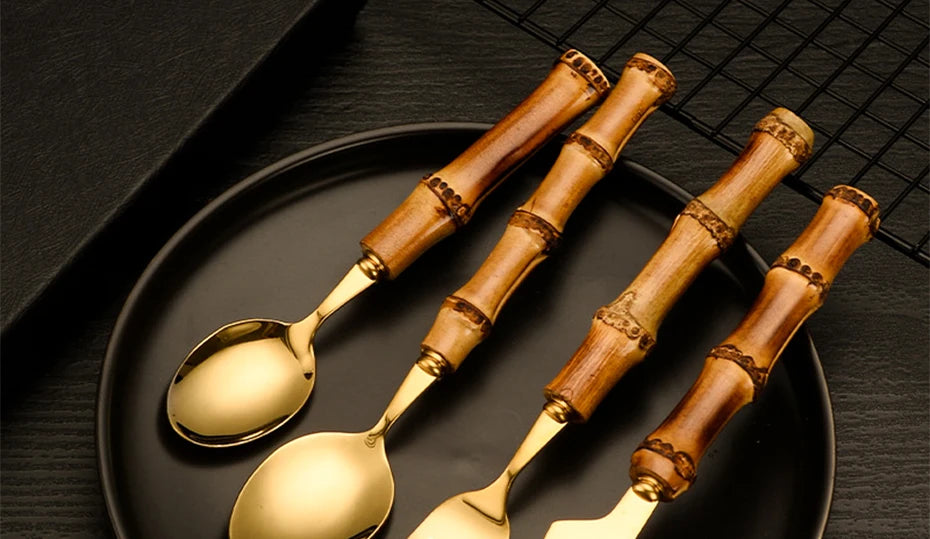 Couverts en bambou et acier inoxydable, service de table, en bois doré, pour la cuisine occidentale, couteau, fourchette, cuillère à café
