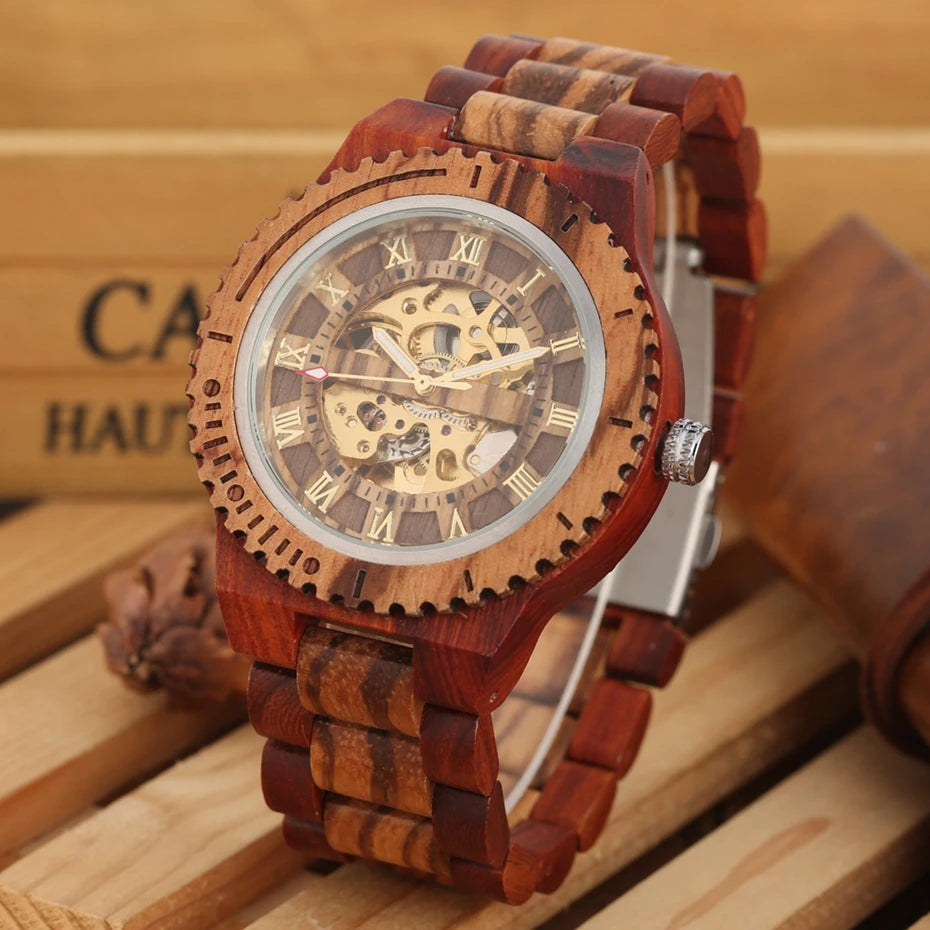 Luxury men's watches, automatic round watch, fashionable wooden clock, adjustable wooden strap, mechanical wristwatch