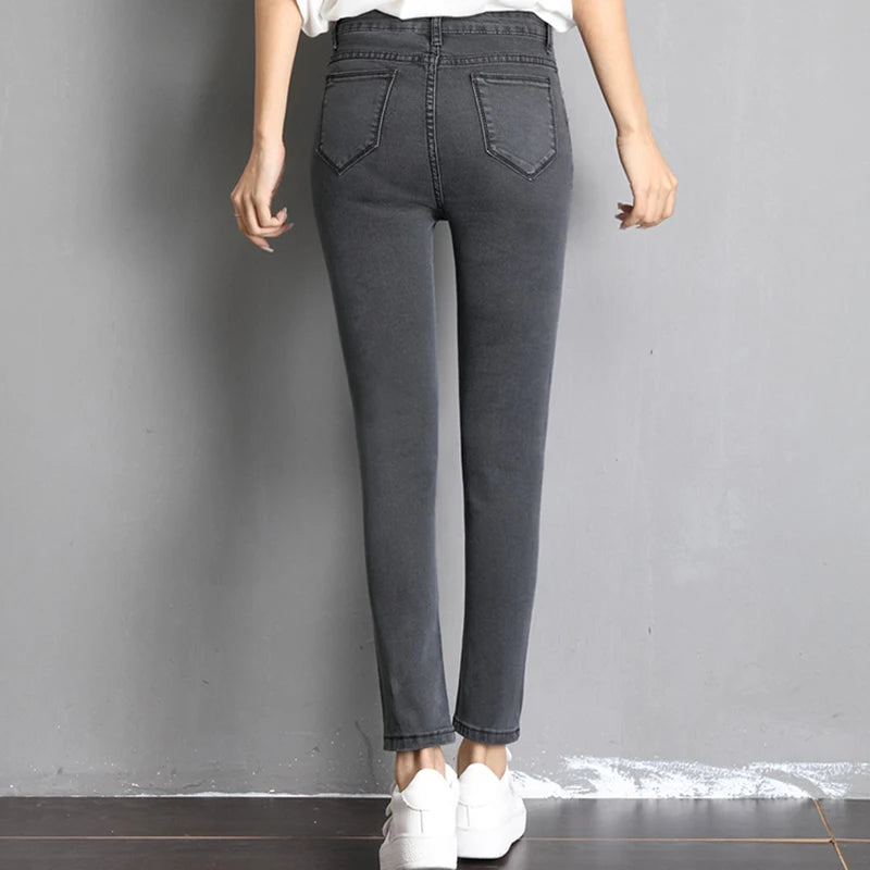 Jean pour femme maman jean bleu gris noir femme haute élastique 36 38 40 jean extensible femme denim lavé pantalon crayon maigre
