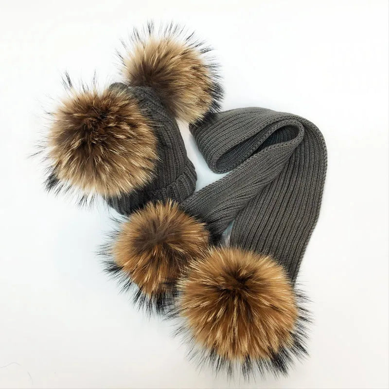 Parent-enfant chapeaux d'hiver mignon bébé fourrure Pompon chapeau écharpe ensembles réel naturel fourrure boule casquettes mère enfants chaud tricoté chapeaux hiver Bea