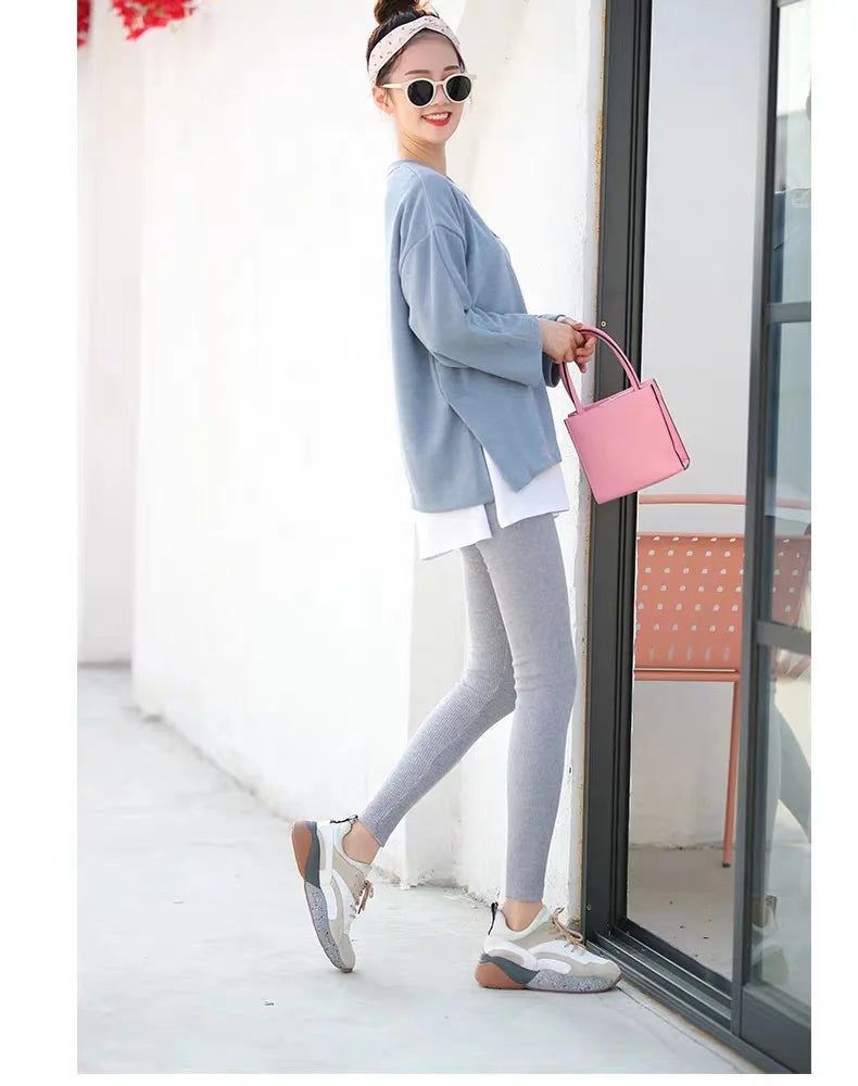 Women's Ribbed Leggings 2025 High Waist Autumn Winter Warm Cotton Leggings Casual Fashion Mesh 2XL Black Pants Sexy Leggings