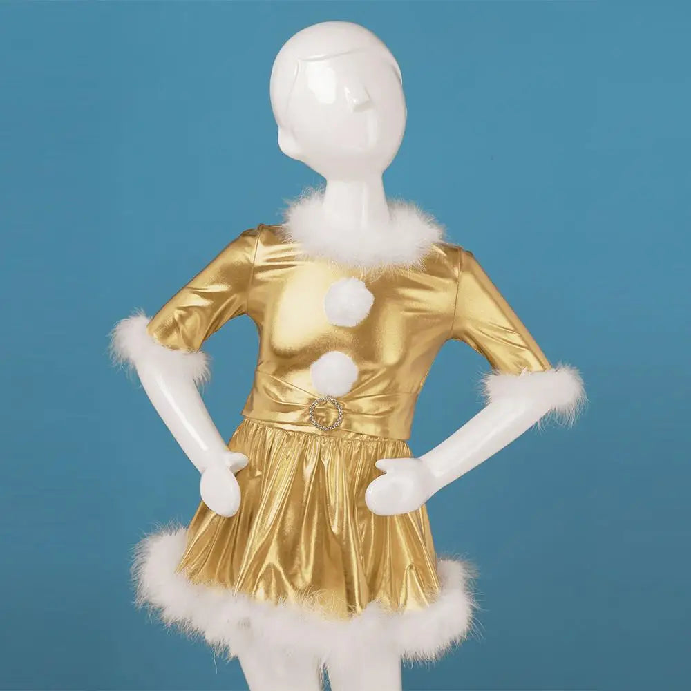 Robes de noël pour filles, vêtements métalliques brillants, à manches longues, Costume de fête de carnaval Cosplay, danse