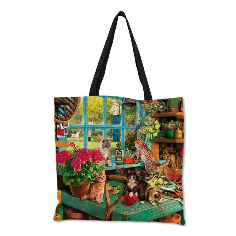 Sac à main en lin réutilisable pour femme, fourre-tout à bandoulière avec imprimé chat, 2019