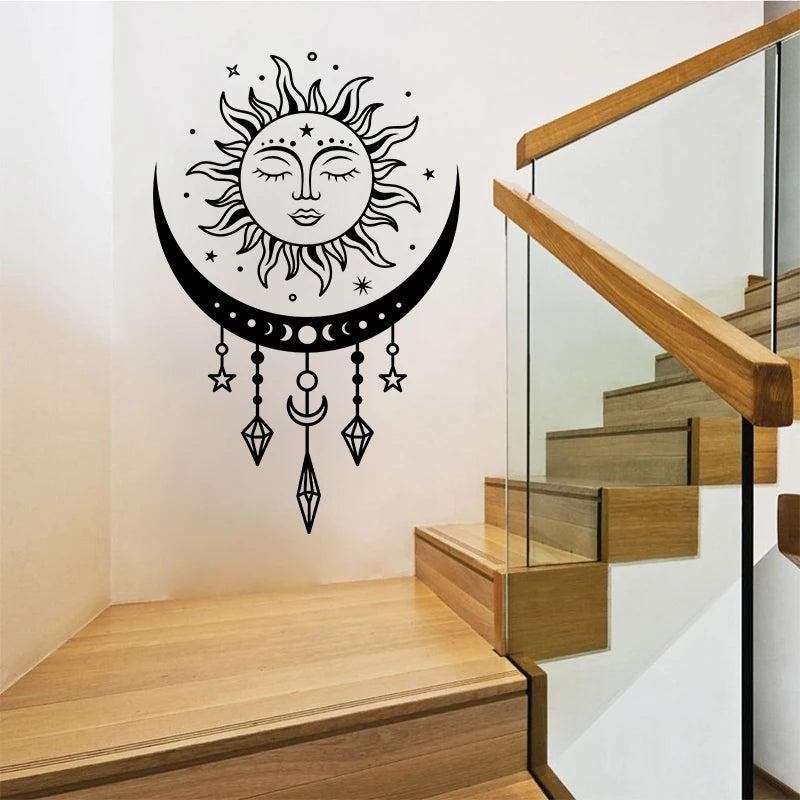 Celestial sun and moon wall stickers, bedroom wall decor, Boho, mystical magic moon, vinyl art sticker, car window decor