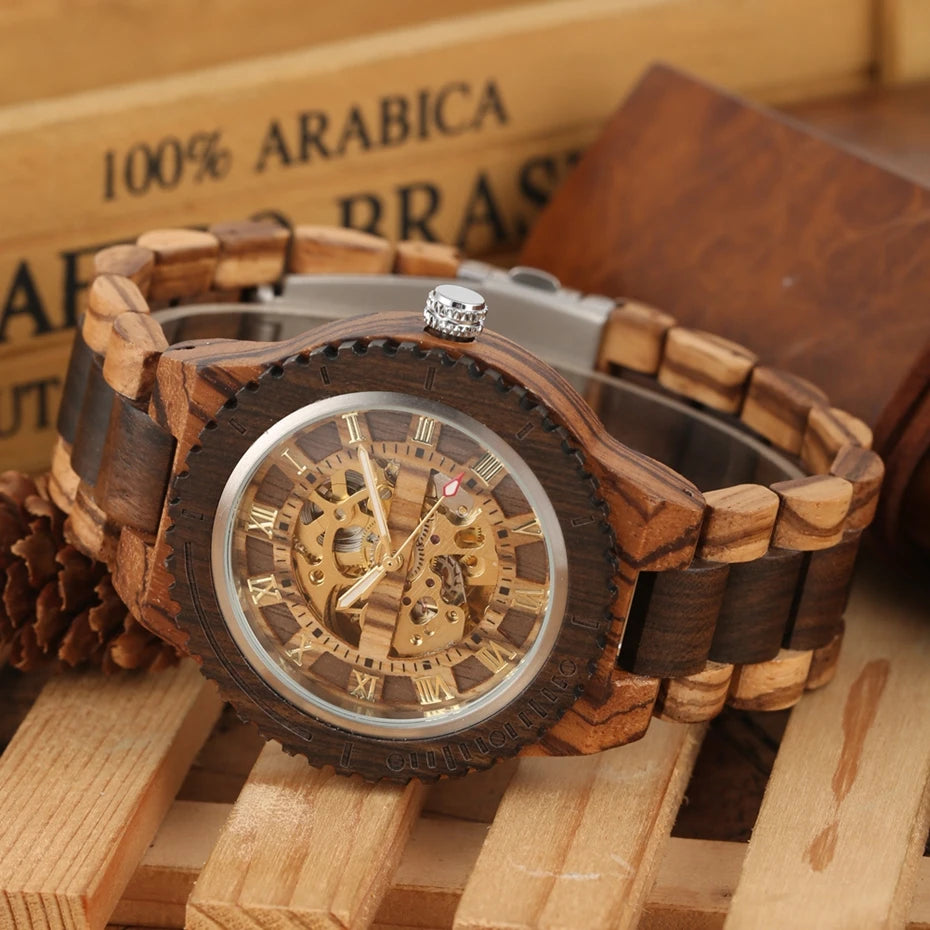 Luxury men's watches, automatic round watch, fashionable wooden clock, adjustable wooden strap, mechanical wristwatch