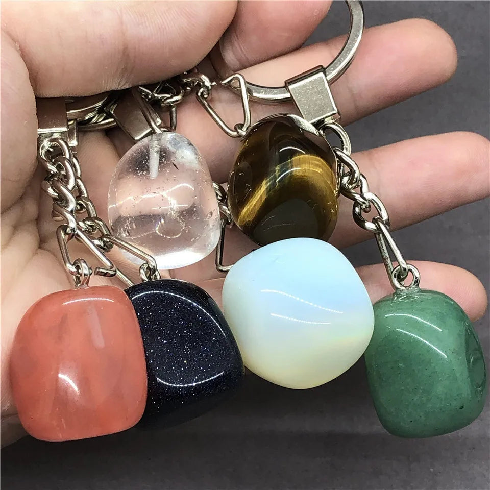 17 Types de pierre naturelle avec accessoires pendentif porte-clés en acier inoxydable