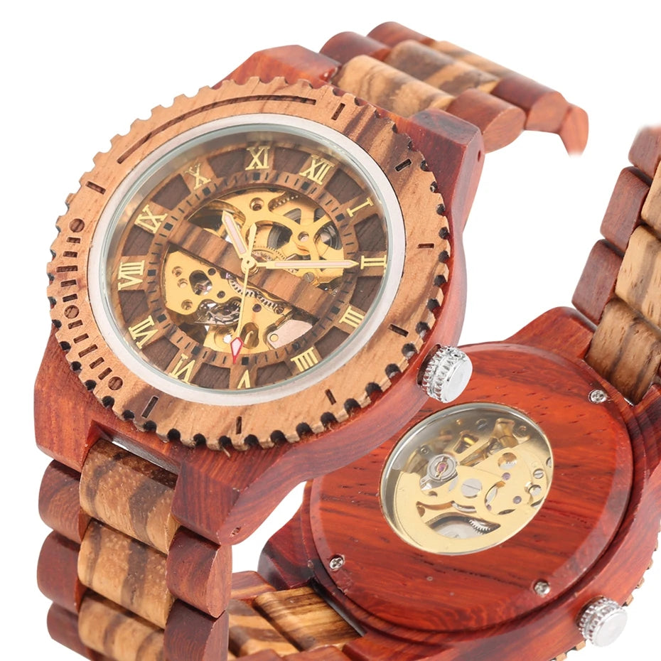 Luxury men's watches, automatic round watch, fashionable wooden clock, adjustable wooden strap, mechanical wristwatch