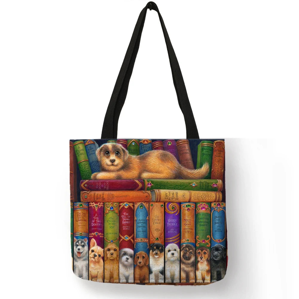 Sac à main en lin réutilisable pour femme, fourre-tout à bandoulière avec imprimé chat, 2019