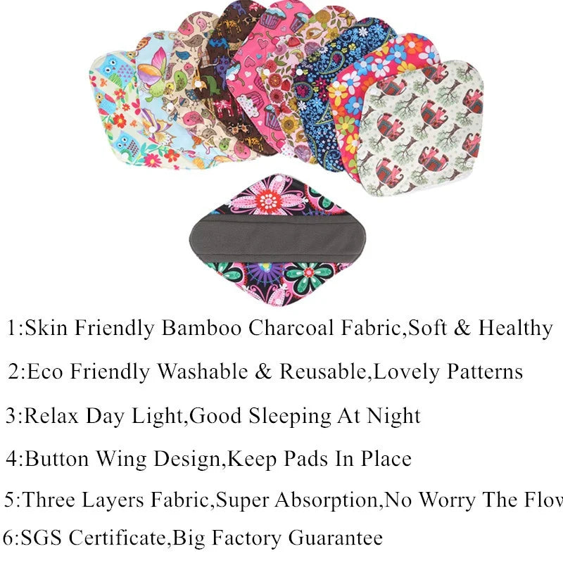 Serviettes hygiéniques réutilisables au charbon de bambou, 10 pièces, doublure de culotte lavable, serviettes menstruelles en coton pour maman et maternité