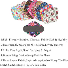 Serviettes hygiéniques réutilisables au charbon de bambou, 10 pièces, doublure de culotte lavable, serviettes menstruelles en coton pour maman et maternité