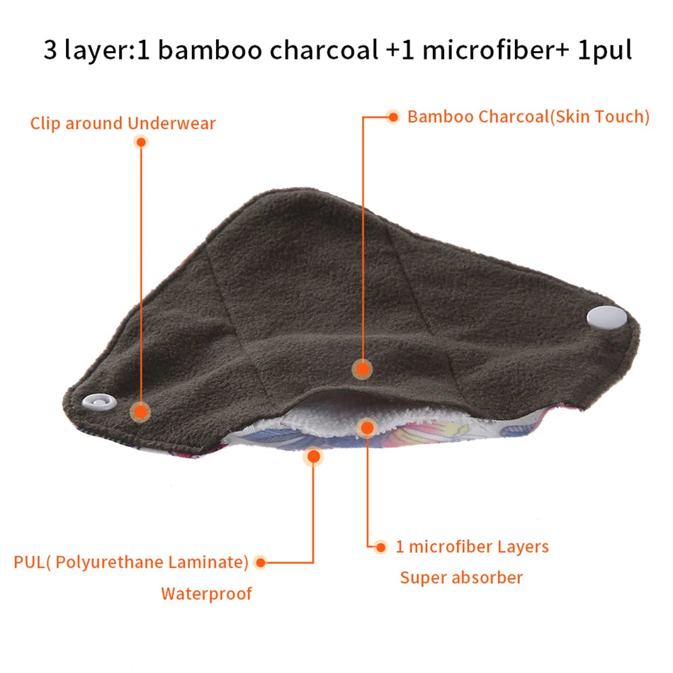 Serviettes hygiéniques réutilisables au charbon de bambou, 10 pièces, doublure de culotte lavable, serviettes menstruelles en coton pour maman et maternité