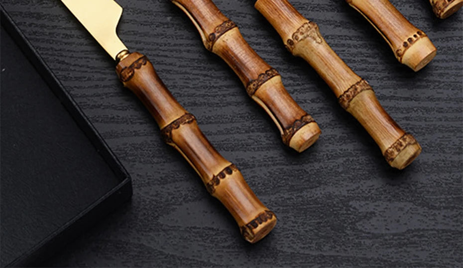 Couverts en bambou et acier inoxydable, service de table, en bois doré, pour la cuisine occidentale, couteau, fourchette, cuillère à café