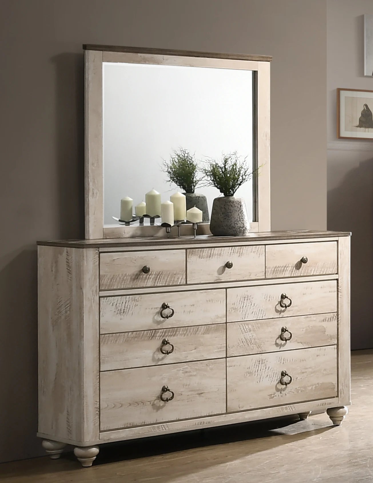 Contemporary White Wash Finish 4-Piece Bedroom Set-King Bed  Dresser Mirror and Nightstand