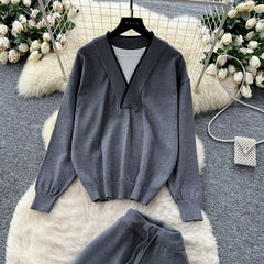 Fashionable Casual Two-piece Knitted Top for Women in Autumn Two-piece Set High Waist Casual Pants